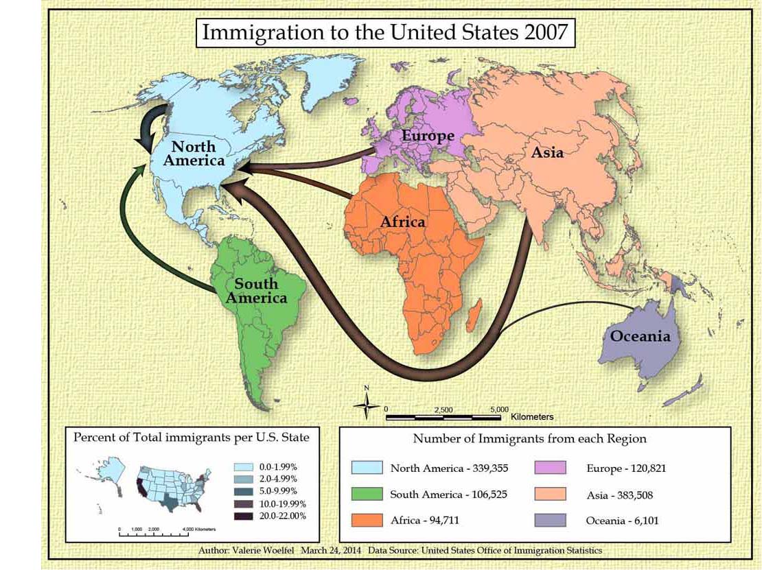 Flow map of immigration to the United States